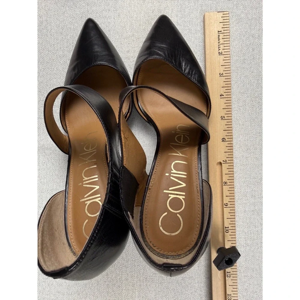 Calvin Klein Women Black Leather Asymmetrical D'Orsay Pointed Toe Stiletto Heels
